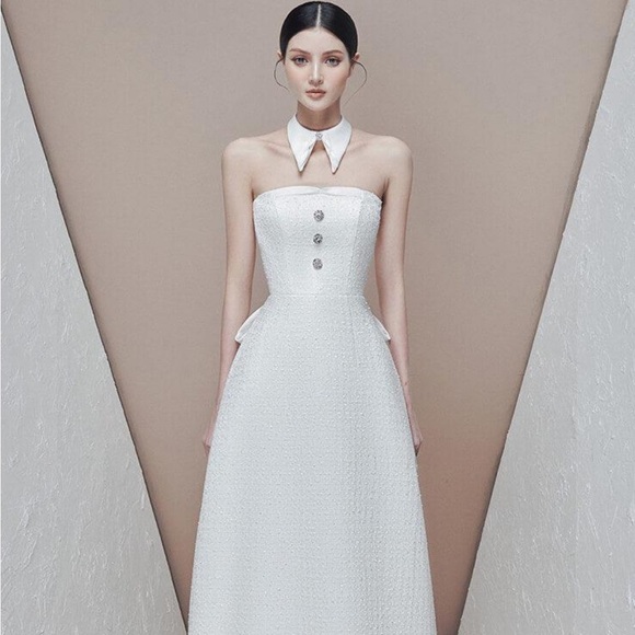 Raffiné Designer White Strapless Tweed Midi Dress - Picture 4 of 7